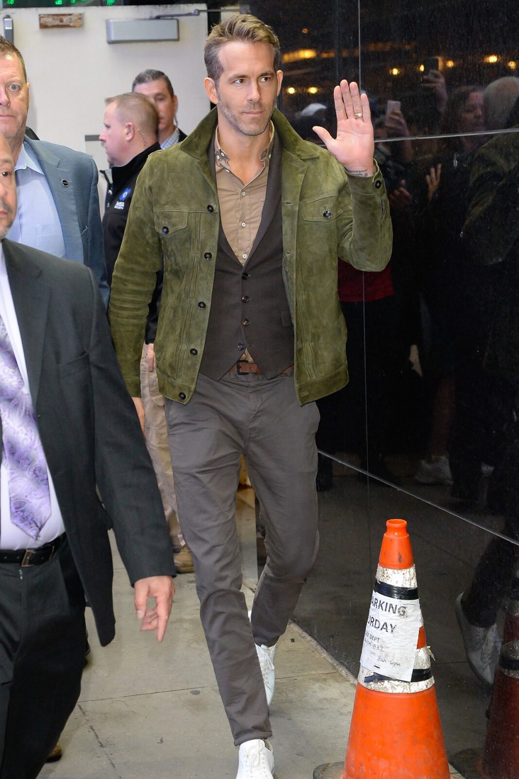 Ryan Reynolds in green suede jacket 