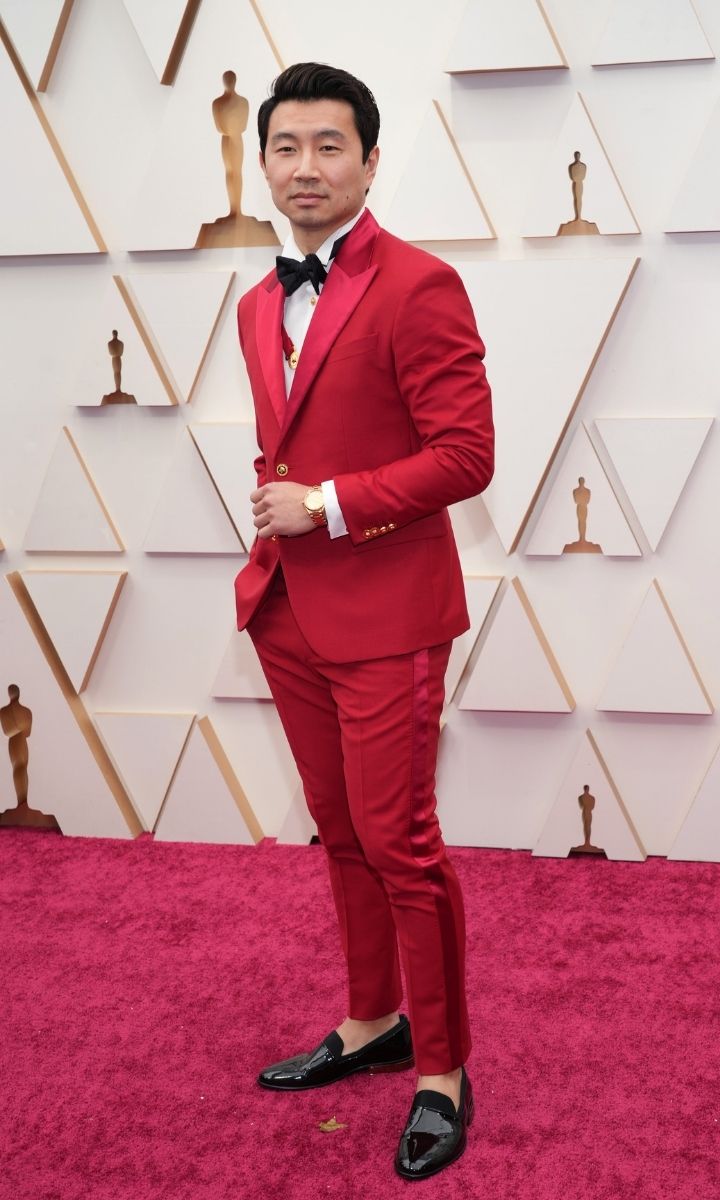 Simu Liu in red versace suit 