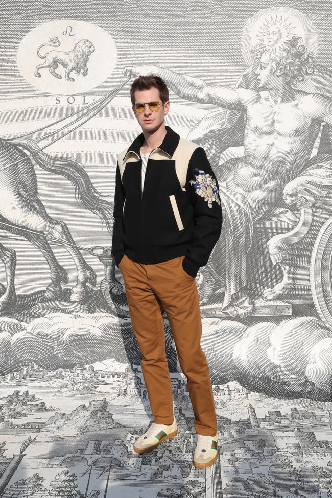 Andrew garfield in gucci jacket and brown trousers 
