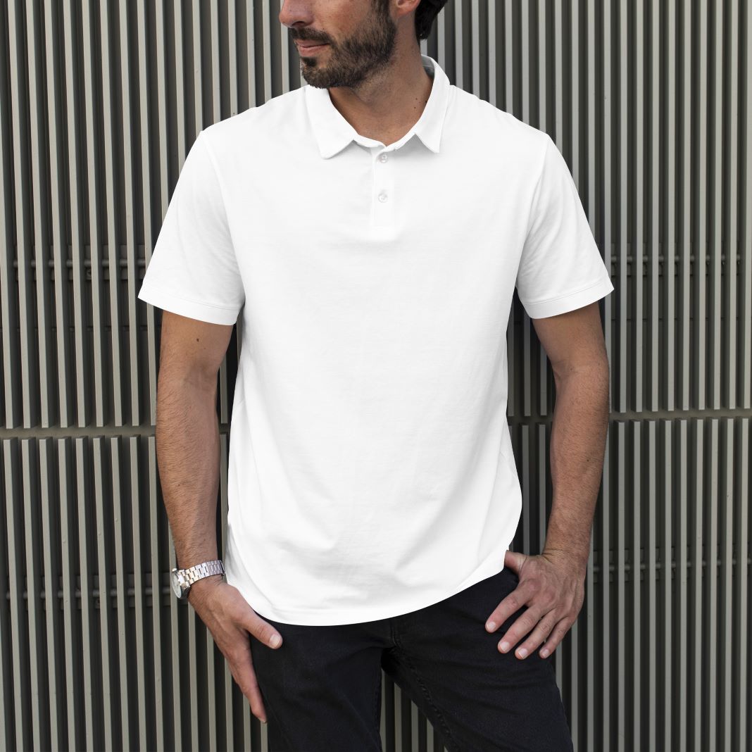 Classic white polo T-shirt styled with chinos for a sharp casual look.