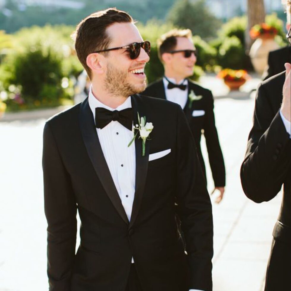 Black dinner jacket cut for weddings and formal events