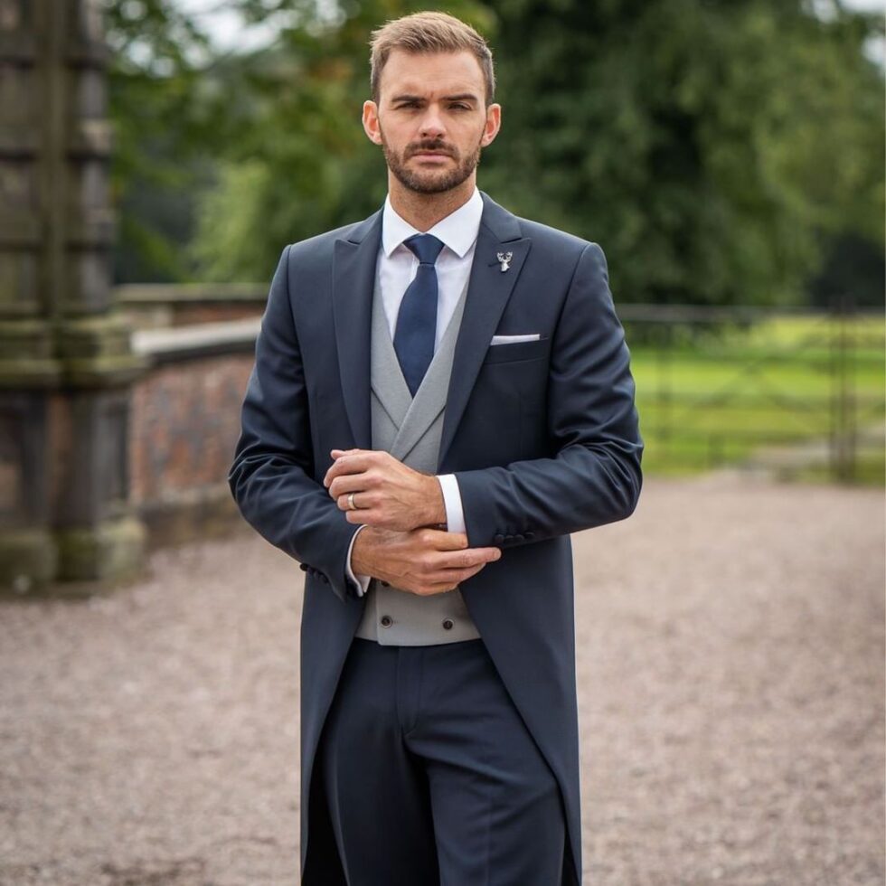 Morning coat worn with a waistcoat and striped trousers