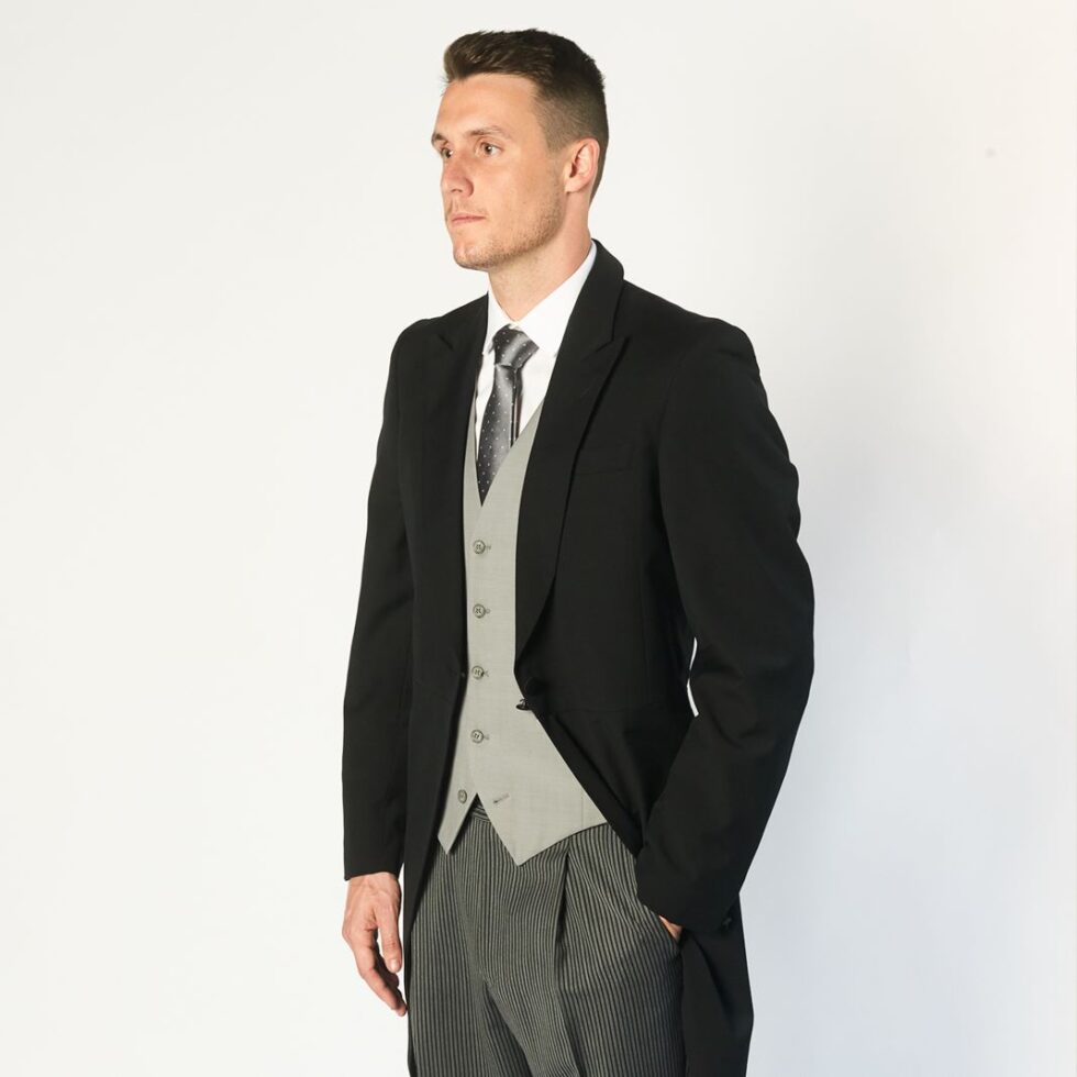 Morning coat with striped trousers, full length