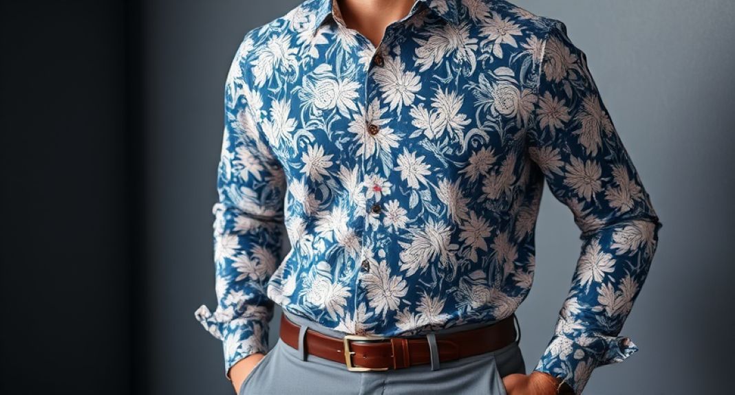 A floral shirt with trousers