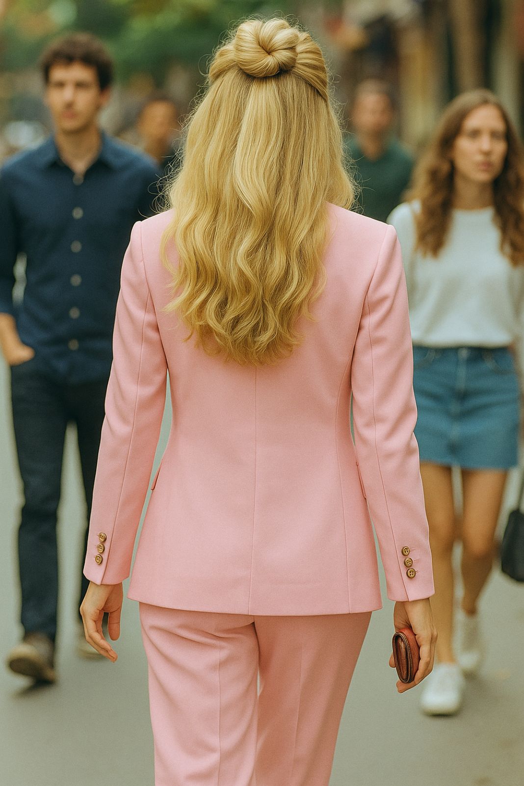 A baby pink women’s suit shown from behind in a crowd, suggesting fashion-forward workwear or standout style at creative industry gatherings.