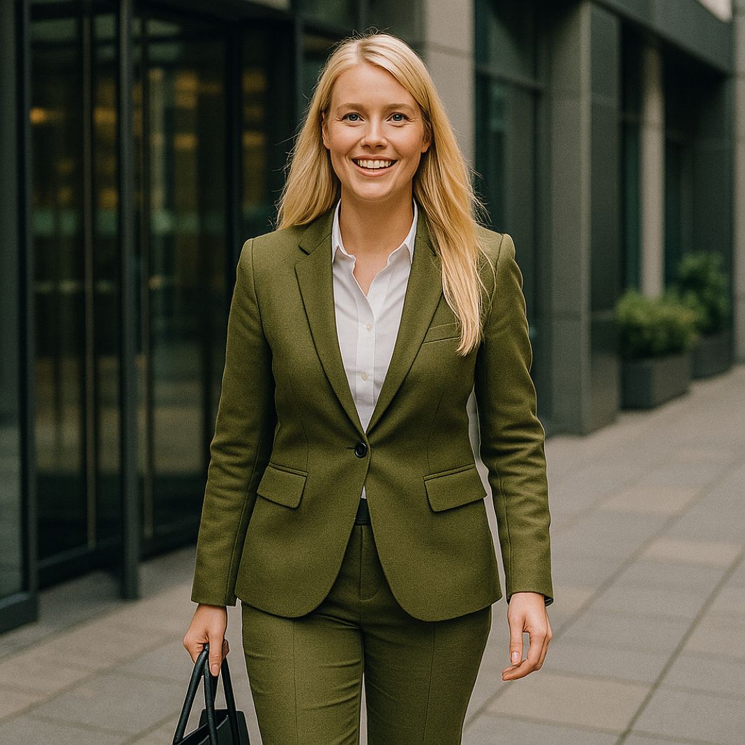 A women’s olive green suit with a white shirt and black handbag, styled for autumnwinter businesswear, city commutes, or corporate photoshoots.