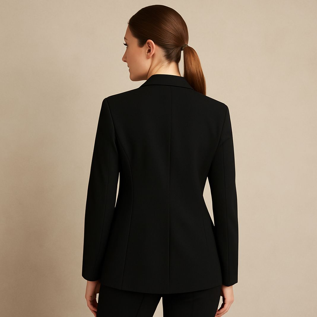 Blazer -A single-breasted black blazer tailored to perfection. It features a structured shoulder, notched lapels, and a single-button closure which offers a minimalist, elongated silhouette. The cut subtly nips in at the w