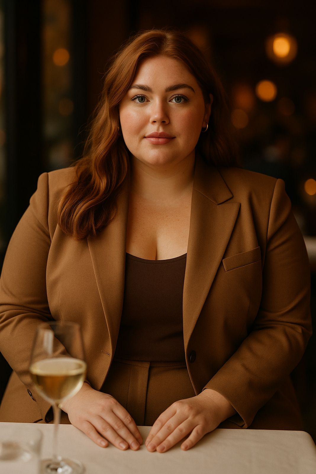 Brown Suit – A single-breasted, deep brown tailored suit with a low-cut top, likely styled for a formal evening event.