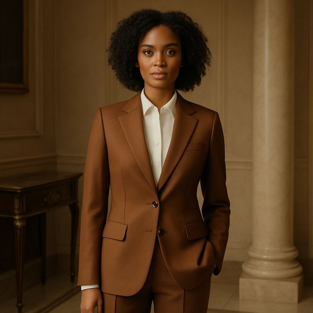 Chocolate Brown Pantsuit - A darker brown tailored suit, likely wool or wool-blend. The sharp shoulders and notch lapels suggest classic suiting. The look is completed with a white blouse.