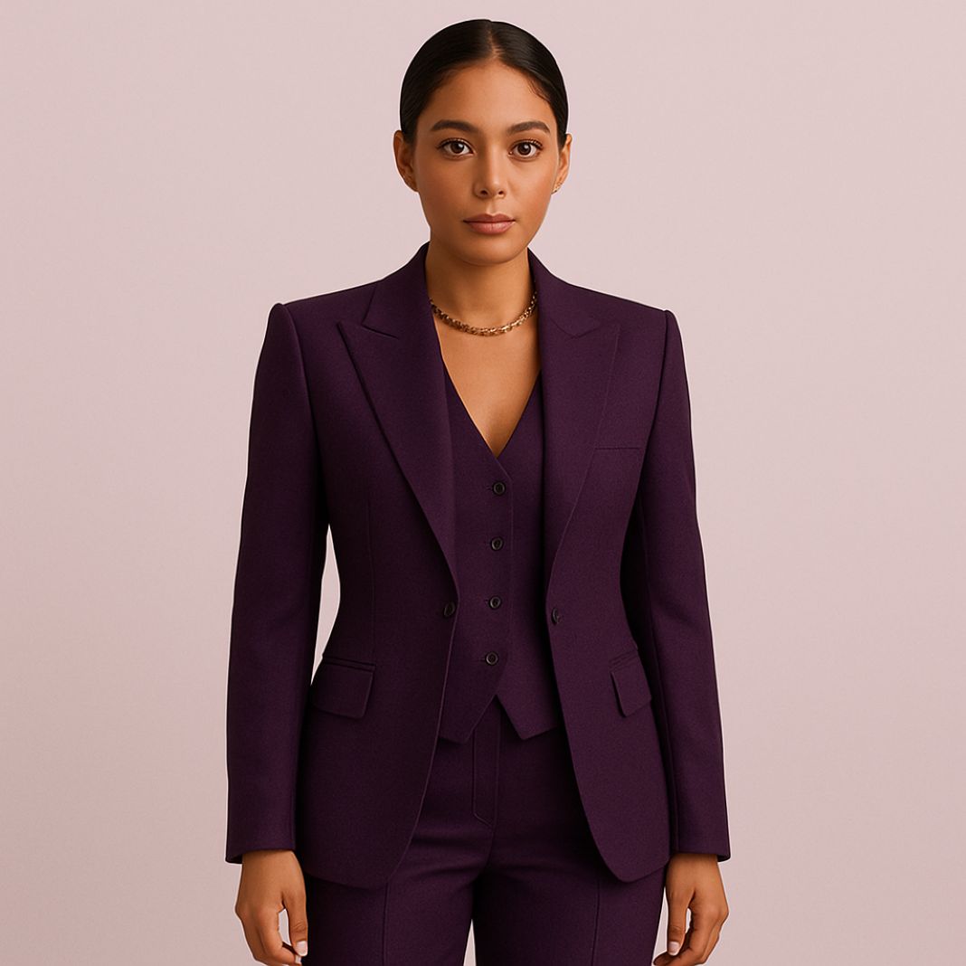 Dark PurpleWine Tailored Suits Several women are wearing striking deep purple three-piece suits (blazer, waistcoat, trousers) styled in different poses and backdrops. These suits are sharply tailored with clean lapels, c (2)
