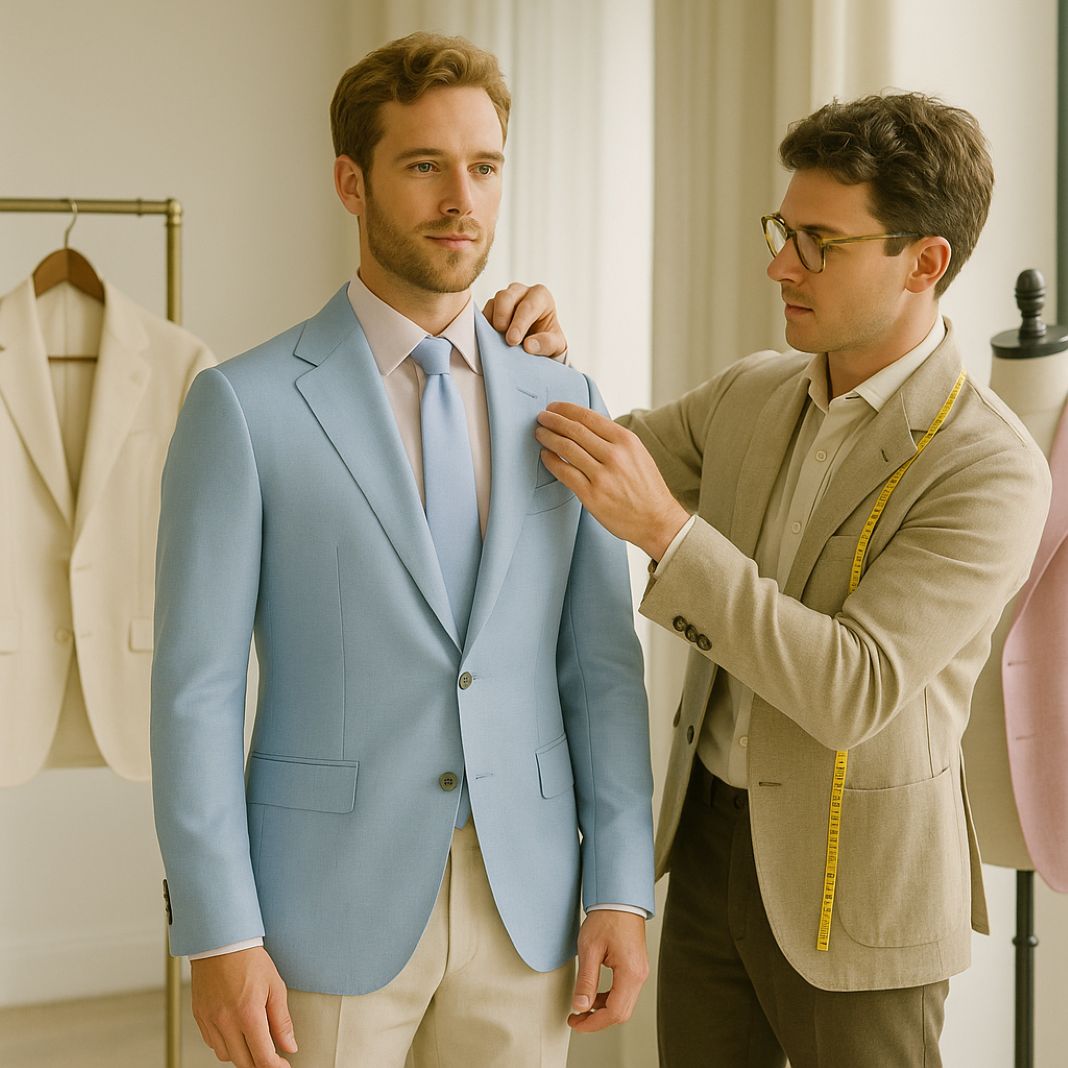 Pastel blue wedding suit fitting - Fielding & Nicholson Tailoring Pastel blue wedding suit fitting - Fielding & Nicholson Tailoring