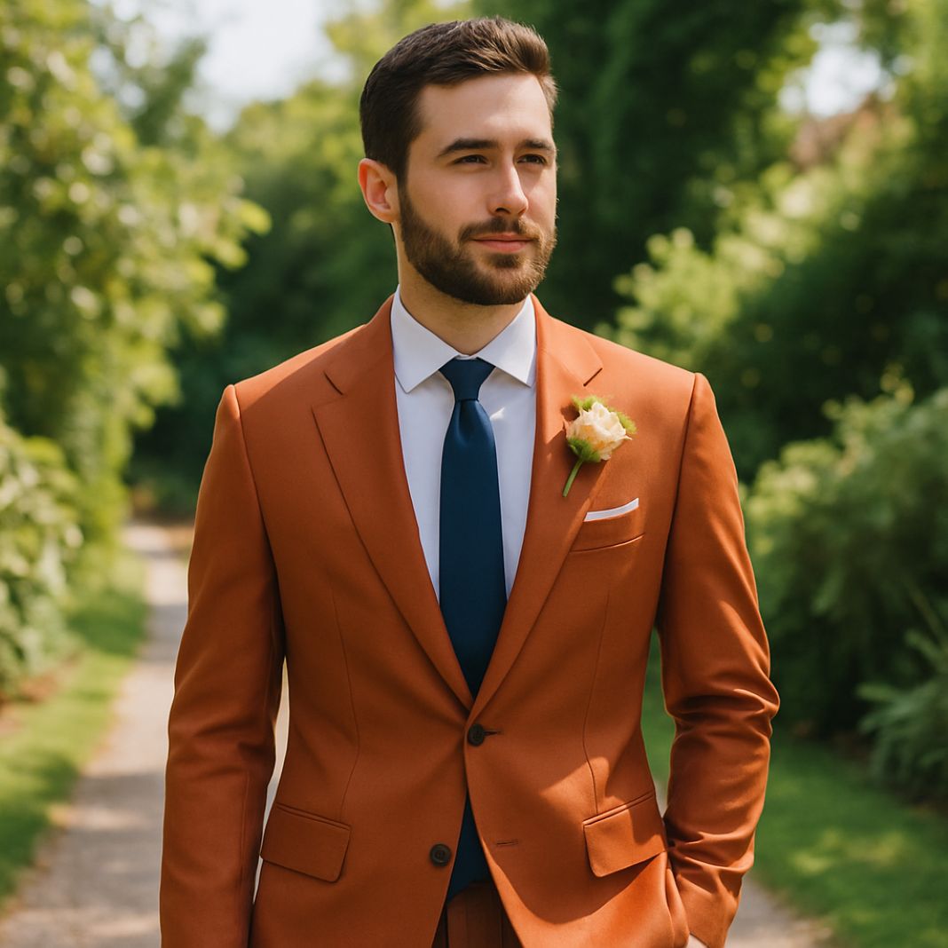 Terracotta suit with navy tie for a summer wedding - Fielding & Nicholson Tailoring