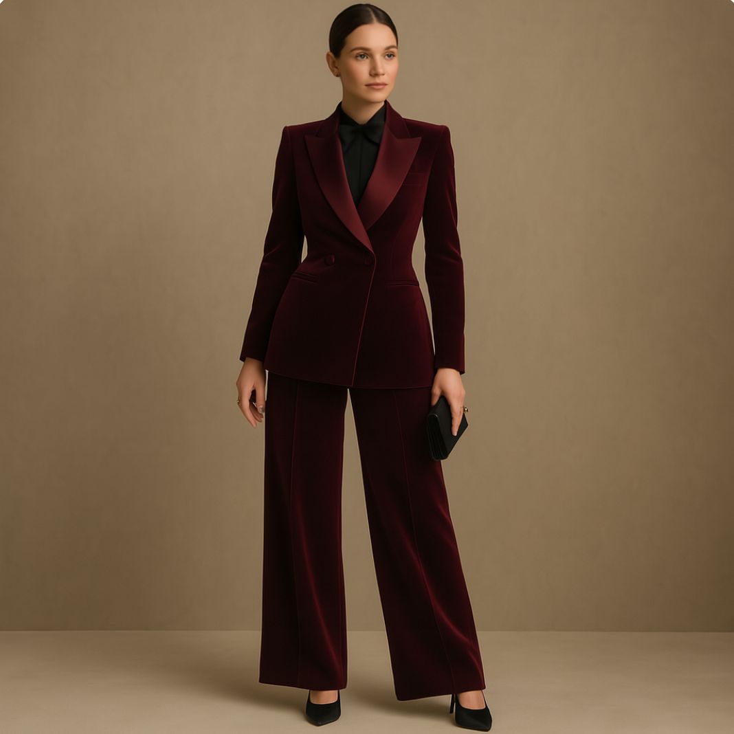 Woman wearing a double-breasted burgundy velvet tuxedo with tonal peak lapels and wide-leg trousers, reflecting the tactile suiting trend from the 2025 Grand Prix Ball.