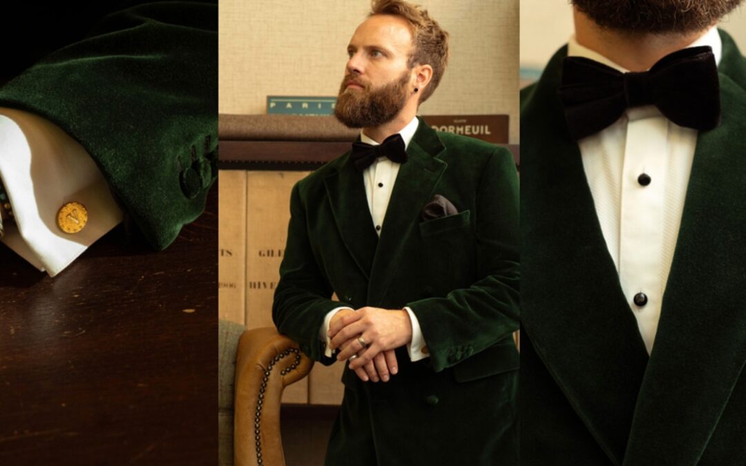 Deep green velvet tuxedo with black bow tie captures the tactile tailoring trend.