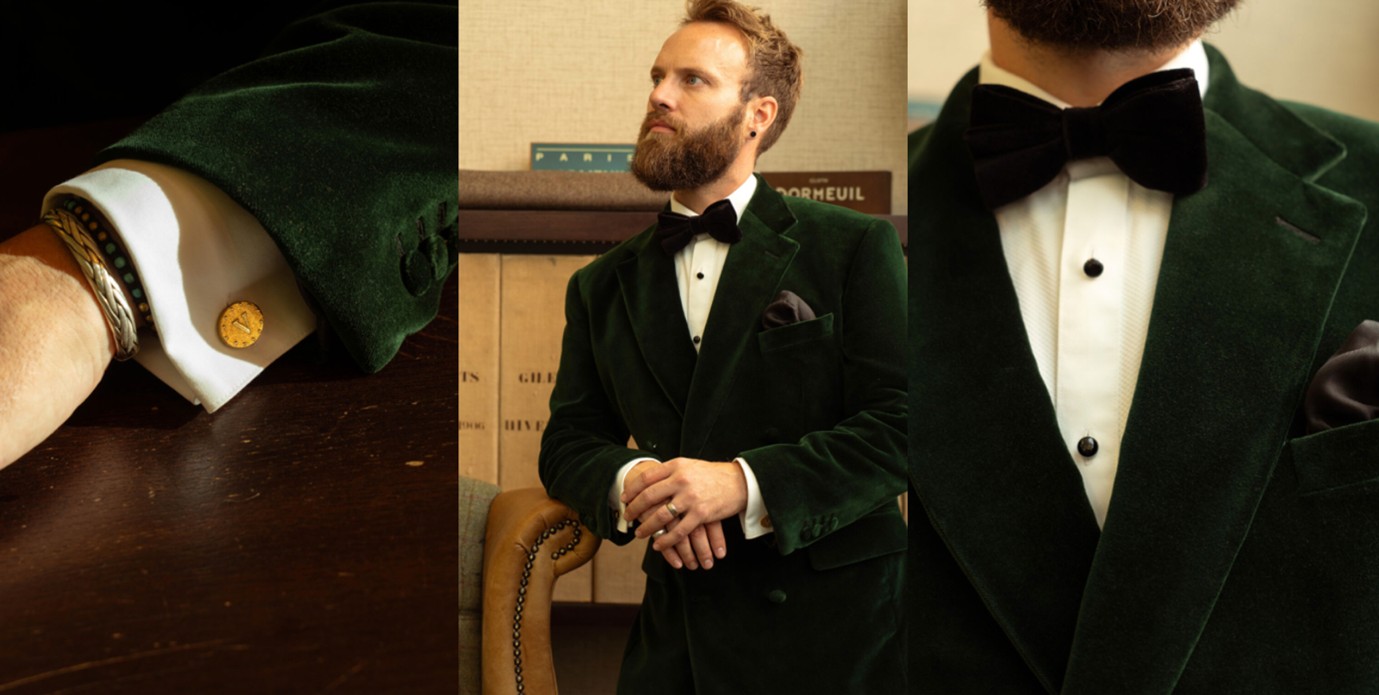 Deep green velvet tuxedo with black bow tie captures the tactile tailoring trend.