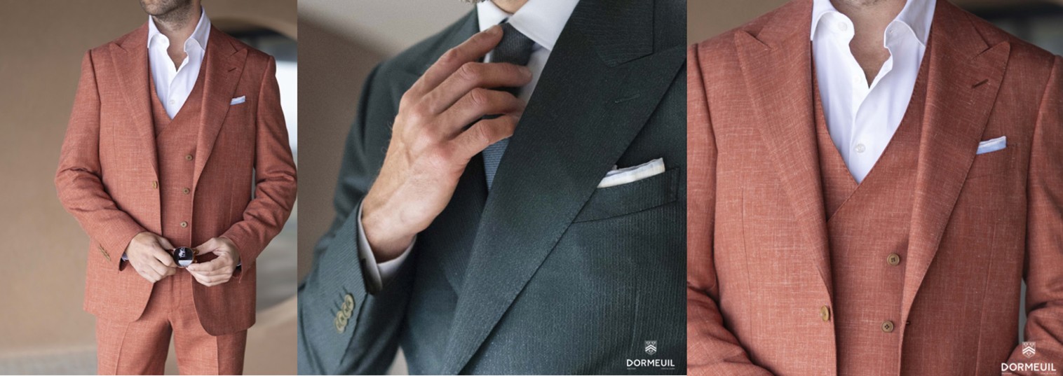 Close-up of lightweight terracotta and sage linen suits styled with white shirts, ideal for British garden events.</p>
<p>