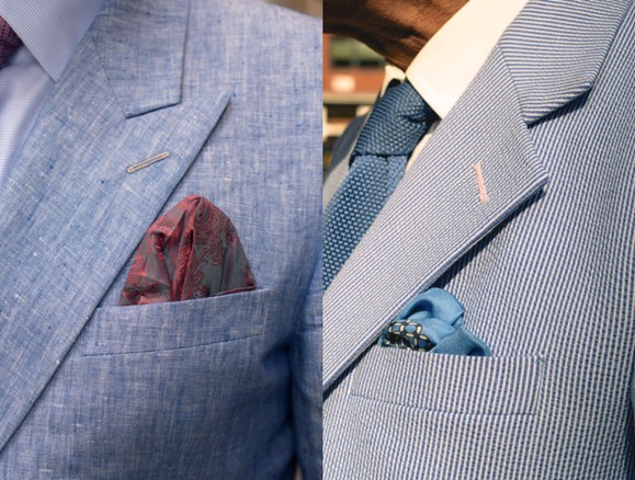 Close-up of men’s light blue linen suit jackets with contrasting pocket squares, showcasing refined details perfect for smart summer tailoring.</p>
<p>