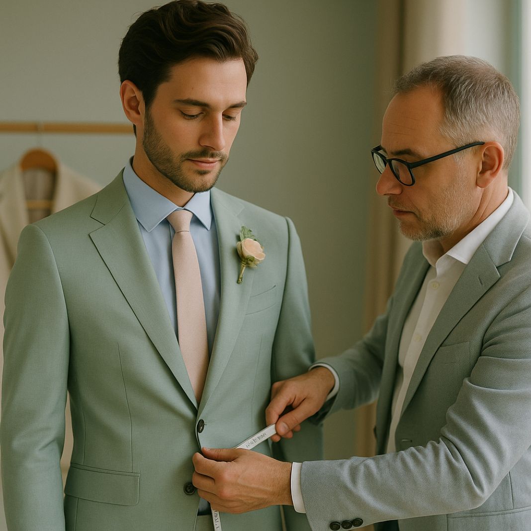 muted sage wedding suit - Fielding & Nicholson Tailoring muted sage wedding suit fitting - Fielding & Nicholson Tailoring