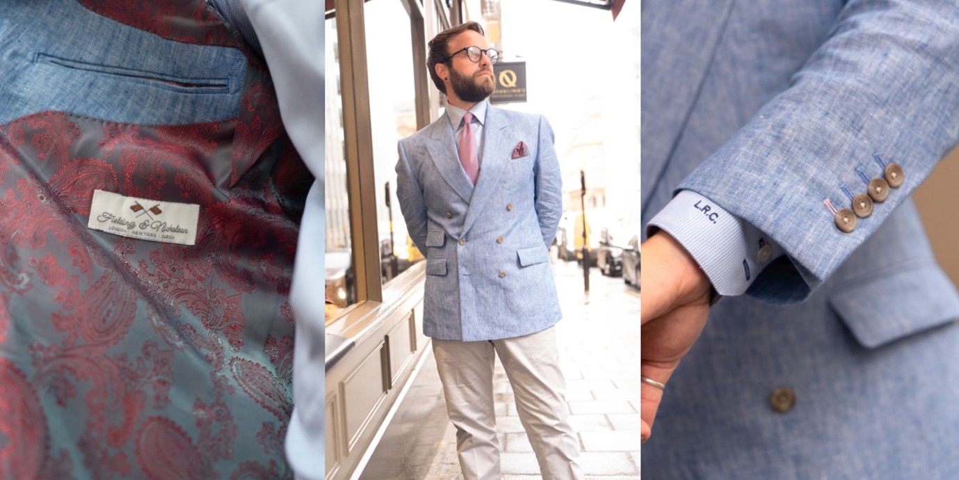 Close-up and full view of a man wearing a light blue double-breasted linen blazer with paisley lining and monogrammed shirt cuff, ideal for a Buckingham Palace summer tour.</p>
<p>