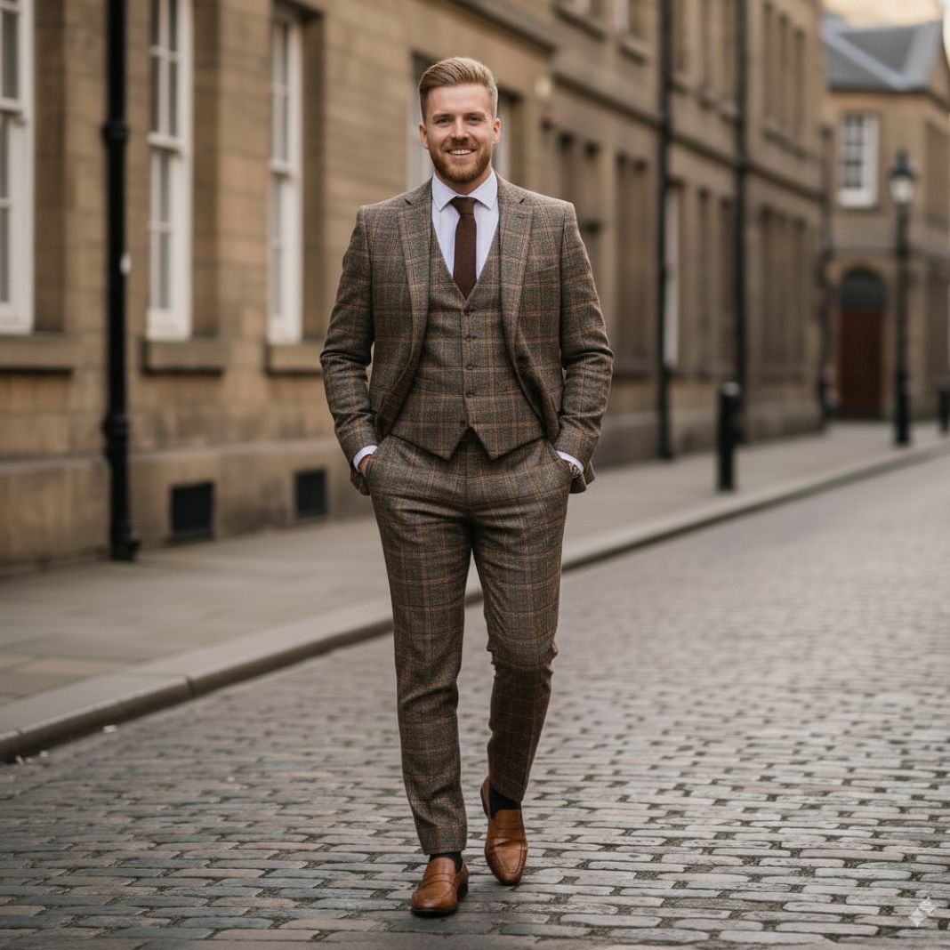 An AI photo of a gorgeous harris tweed outfit being worn by a man walking down a scottish street