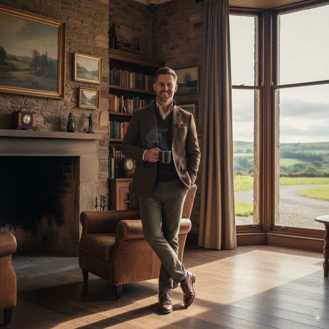 An AI photo of a  man wearing a tweed country look outfit in a country hotel