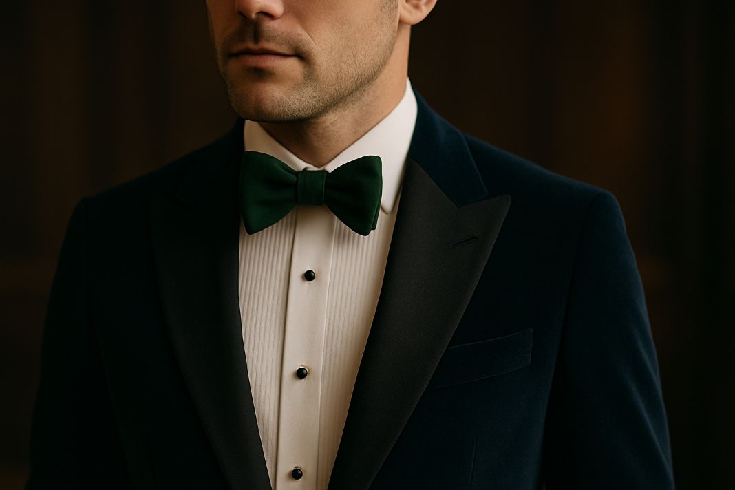 A photo of a Midnight Blue Velvet Tuxedo being worn by a man - Created by AI
