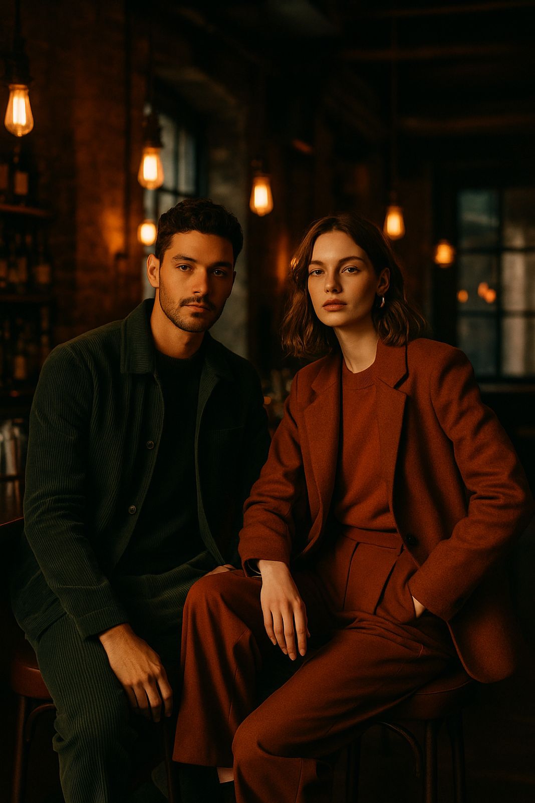 An AI photo of A cinematic fashion editorial shot of a stylish man and woman inside a trendy Shoreditch bar, wearing corduroy and relaxed wool outfits in deep forest green and rust tones, vintage-industrial interior with exposed brick walls and ambient tungsten lighting, relaxed and effortlessly cool atmosphere, during evening golden hour, shot with a Canon EOS R5, 85mm f/1.2 lens, warm and moody color grading An AI photo of A cinematic fashion editorial shot of a stylish man and woman inside a trendy Shoreditch bar, wearing corduroy and relaxed wool outfits in deep forest green and rust tones, vintage-industrial interior with exposed brick walls and ambient tungsten lighting, relaxed and effortlessly cool atmosphere, during evening golden hour, shot with a Canon EOS R5, 85mm f/1.2 lens, warm and moody color grading