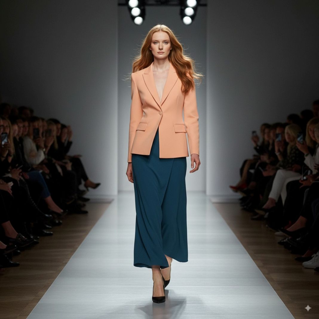 An AI Image of a model walking down the catwalk in a tailoring competition