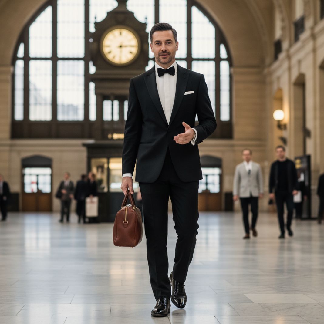 An AI photo of a man in a tuxedo walking confidently through a large train station