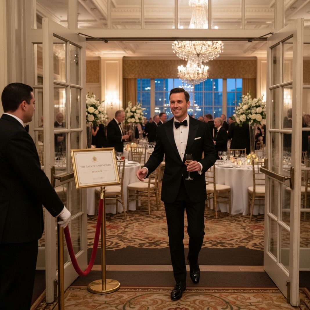An AI photo of a well-dressed man in a black tuxedo entering an elegant ballroom,