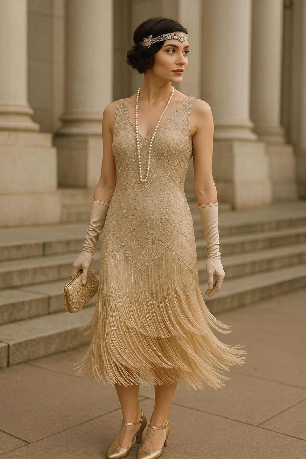 An AI photo of a beige fringe dress styled with pearls and headband, channeling the iconic 1920s flapper silhouette.
