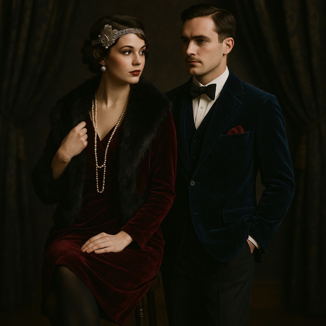 An AI photo of a luxurious flapper dress with headpiece paired with a velvet tuxedo, epitomizing roaring twenties evening glamour.