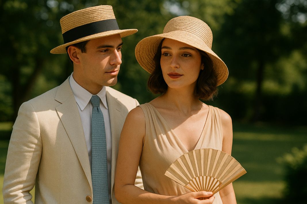 An AI photo of a perfect Gatsby garden party look — light summer suits, straw hats, and flapper-inspired dress radiating 1920s charm.