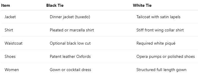 Quick Comparison Table: Black Tie vs White Tie
