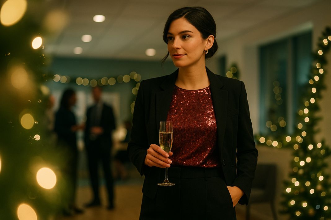 An ai photo of a woman dressed in festive formal attire at her work christmas do