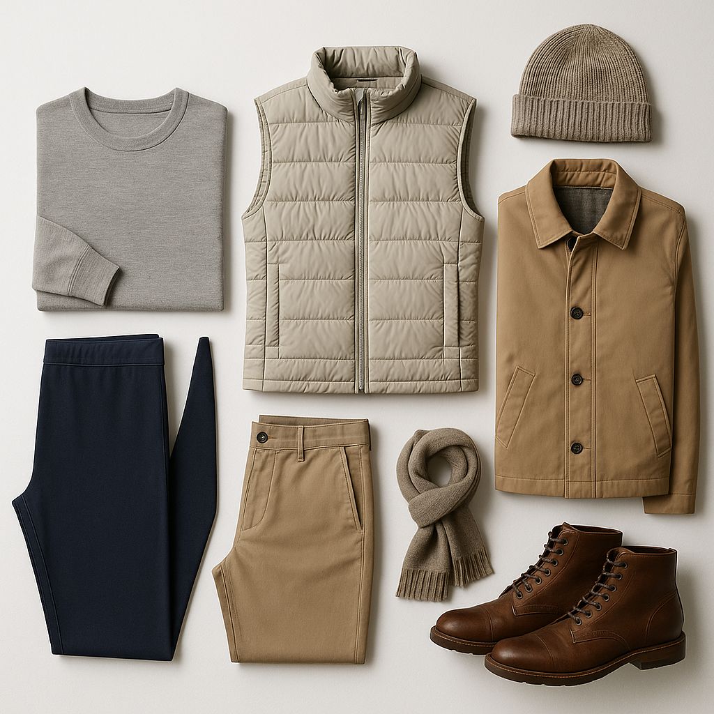 All-Day Neutral Capsule Flat Lay Premium Layered Menswear Essentials on White Background