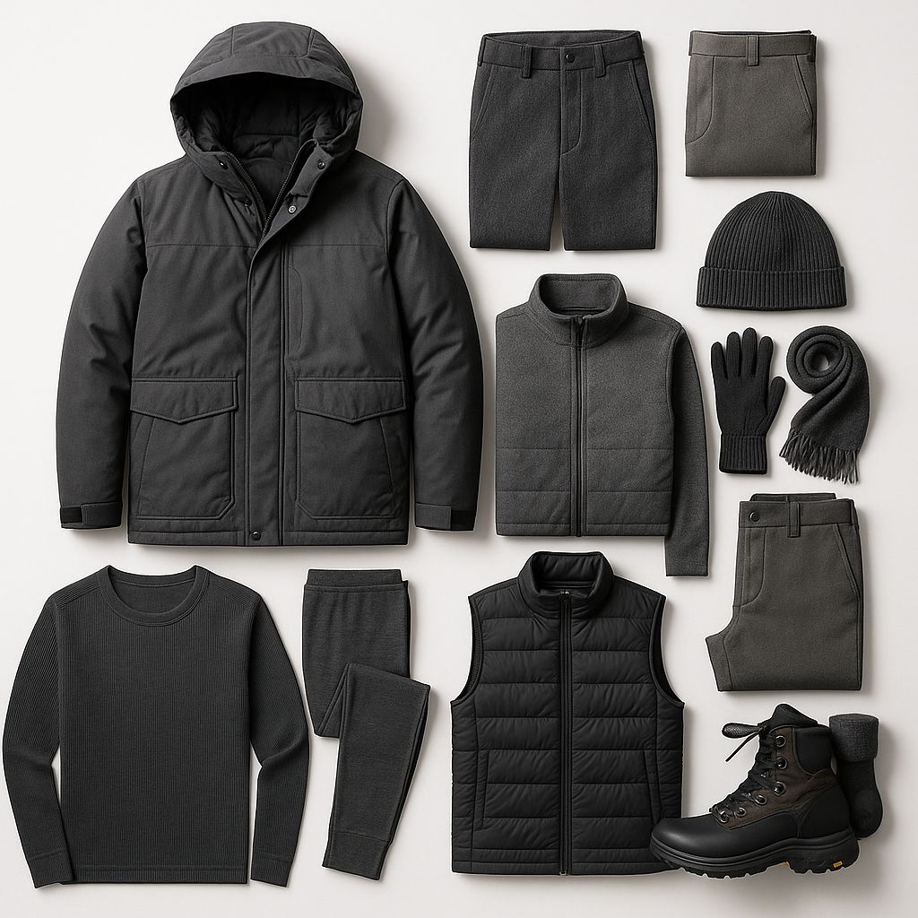 Alpine Winter Outfit Flat Lay Technical Layers Cold-Weather Apparel
