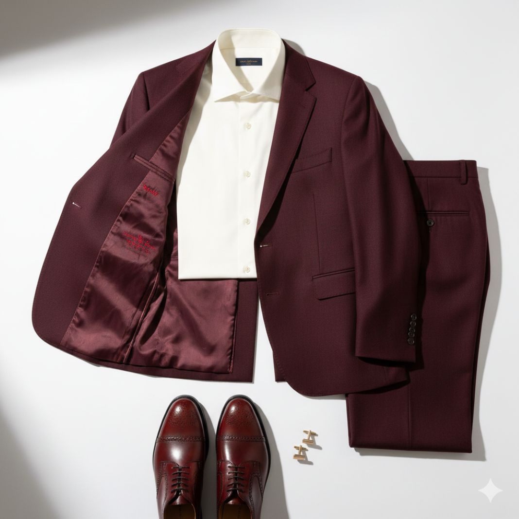 Burgundy Reunion Dinner Formal Suit Layout (Silk Lining & Oxblood Shoes)