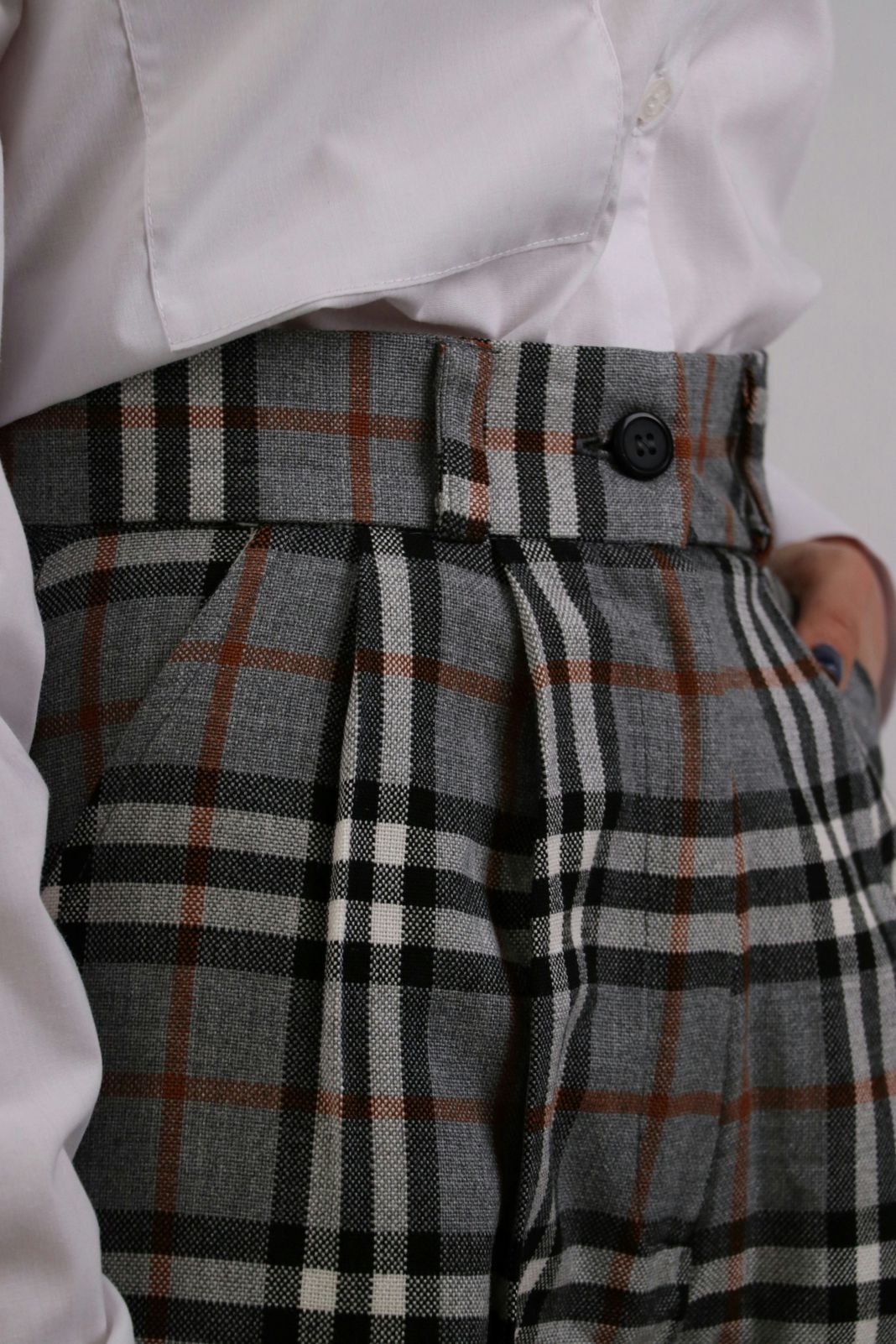 Grey Tartan High-Waisted Trousers Close-Up
