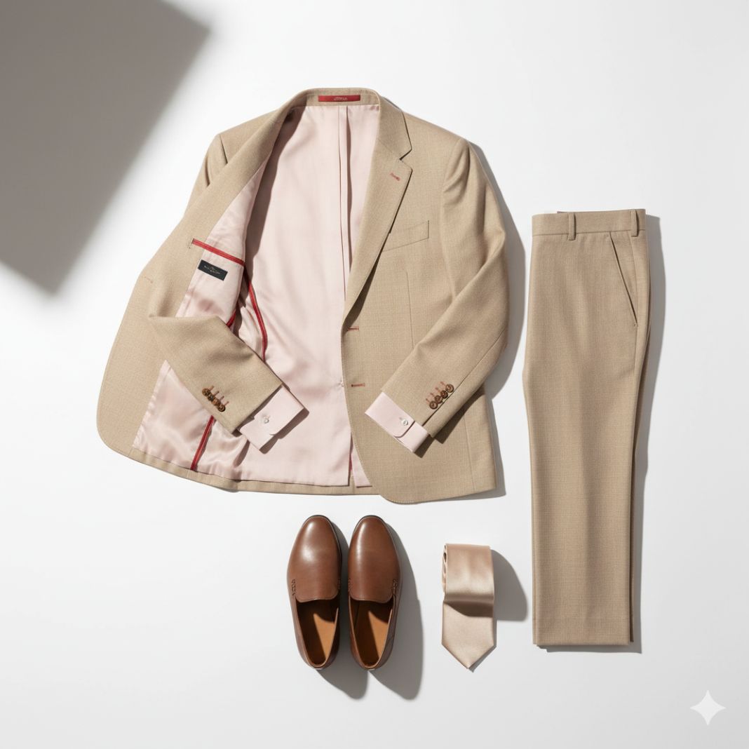 Minimalist Luxe Sand Suit Flat Lay (Neutral Formal Menswear)