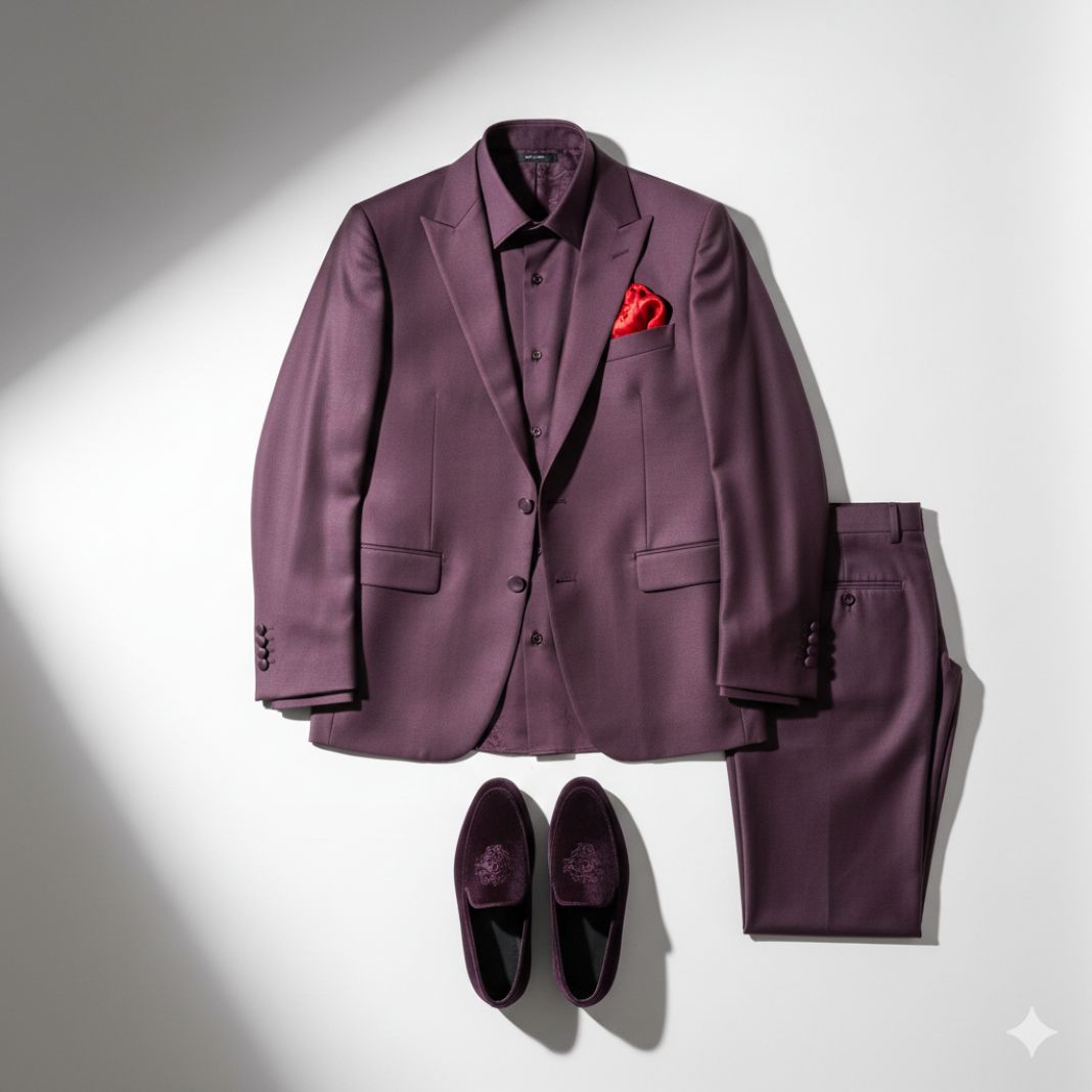 Plum Modern Festive Suit Flat Lay (Red Scarf Accent & Velvet Loafers)