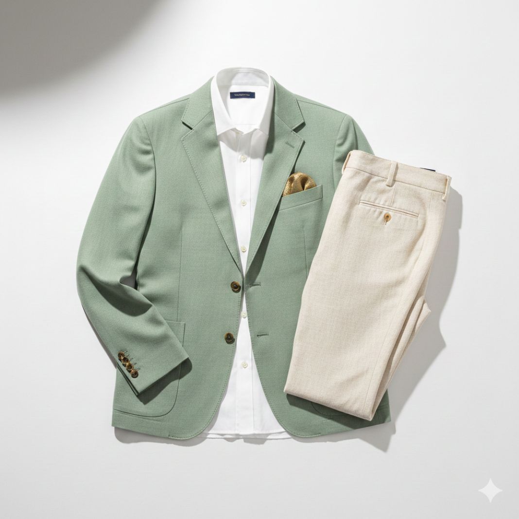 Smart-Casual Daytime House Visit Outfit in Sage Blazer and Cream Trousers – Warm-Climate Menswear Look
