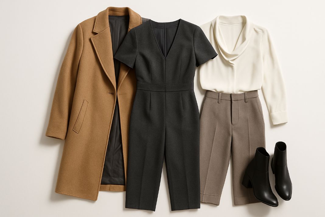tailored jumpsuit or refined blouse with trousers, ankle boots, and a statement coat.