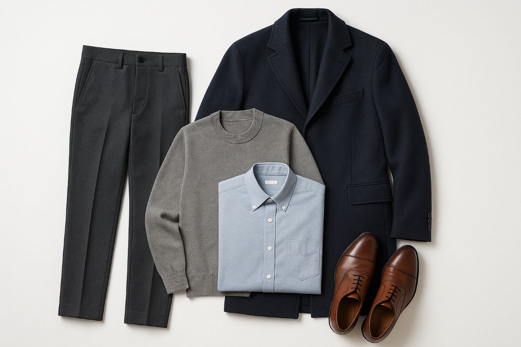 tailored trousers, a fine knit or button-down shirt, smart shoes, and a structured coat.