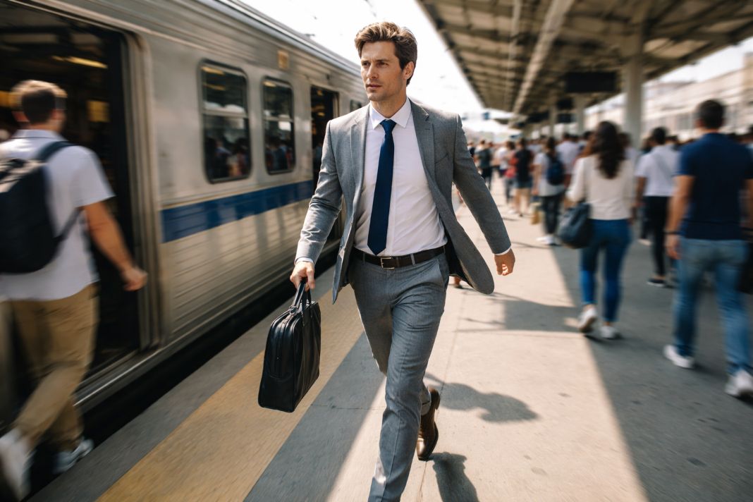 An illustrative image  of a business professional in a lightweight wool suit walking swiftly through a busy train station platform in the early afternoon