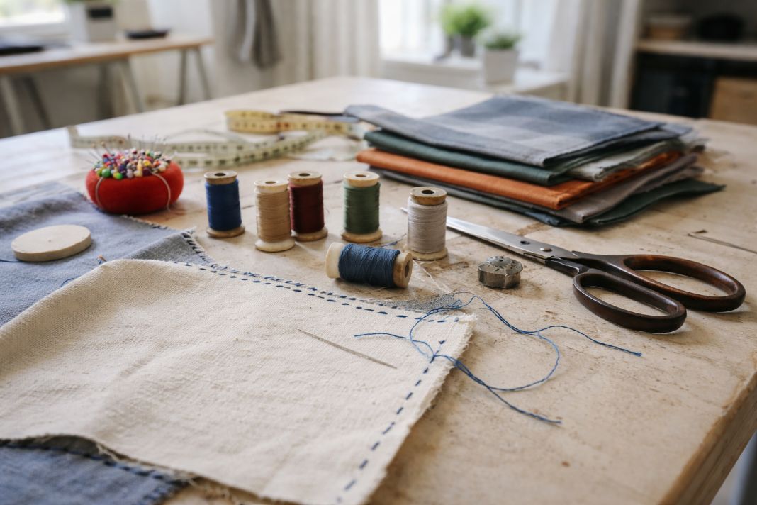 an illustrative  photo of tailoring tools including thread, needles, fabric swatches and a partially hand-stitched canvas laid out on a workbench
