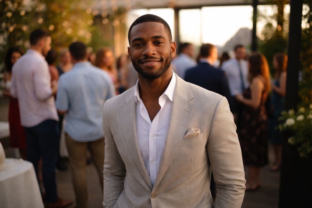 An illustrative image of a gentleman wearing a stone coloured suit at an event