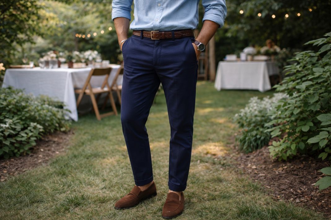 An illustrative image of navy chinos being worn at a summer party