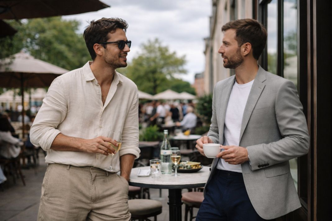 An illustrative image of two people standing and conversing at an outdoor café table on a May afternoon