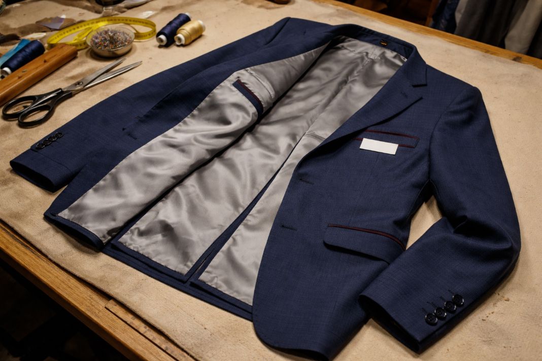 An illustrative photo of a suit jacket laid flat on a tailor’s table, partially turned inside out showing the inner lining
